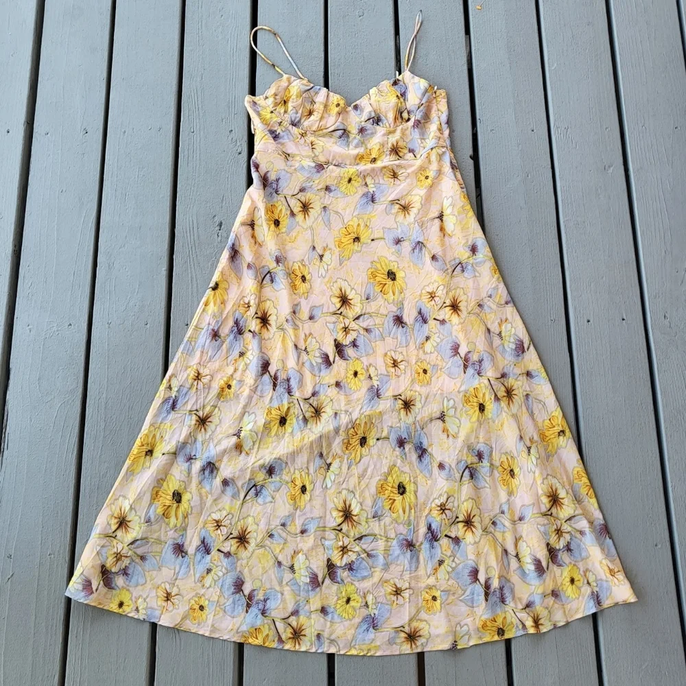 Petal and Pup‎ Yellow Floral Midi Dress XL Bustier Bodice A-line Silhouette
